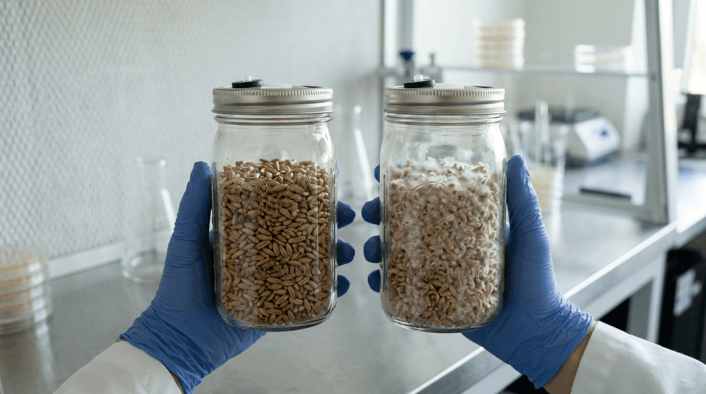 early mycelium growth compared to no visible growth in grain jars