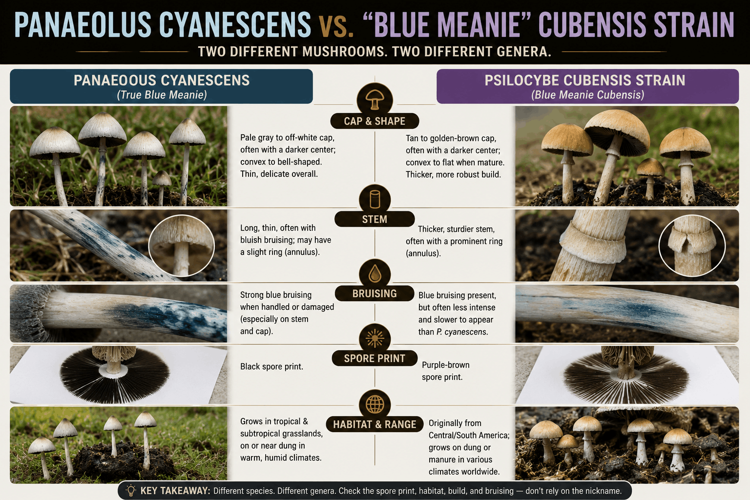 panaeolus cyanescens vs blue meanie cubensis. panaeolus vs psilocybe cubensis.