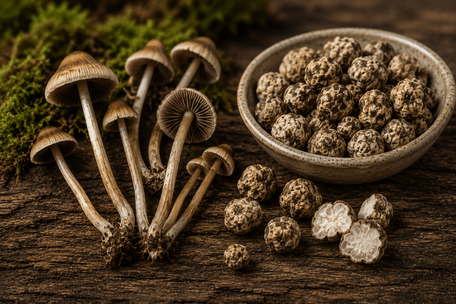 Wild mushrooms and truffles arrangement Mexicana mushrooms and magic truffles on table